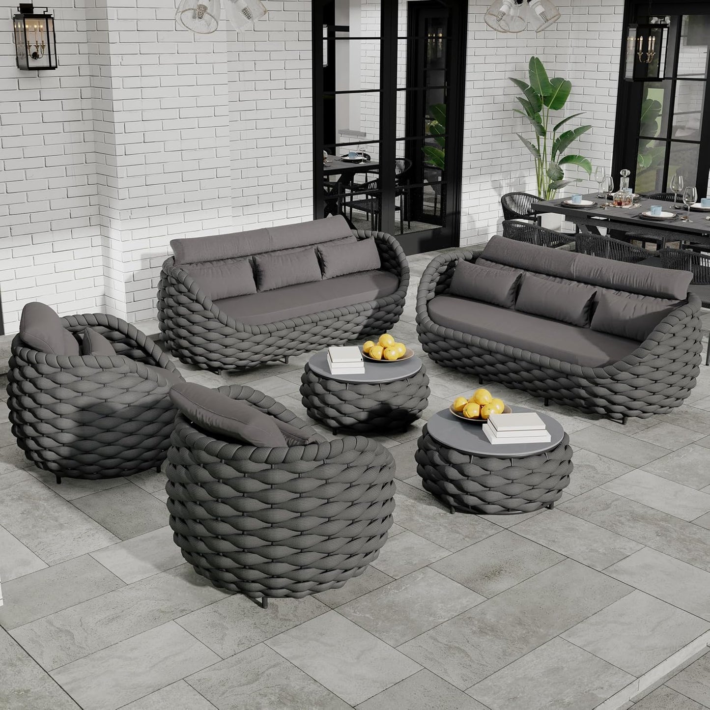 Lanai Outdoor Furniture Set: 6-Piece Aluminum Woven Rope Patio Conversation Set - Modern Cushions Sofa Set Assembled - Porch Seating Couch Set for Deck Yard Garden Pool Hotel Resort, Dark Grey