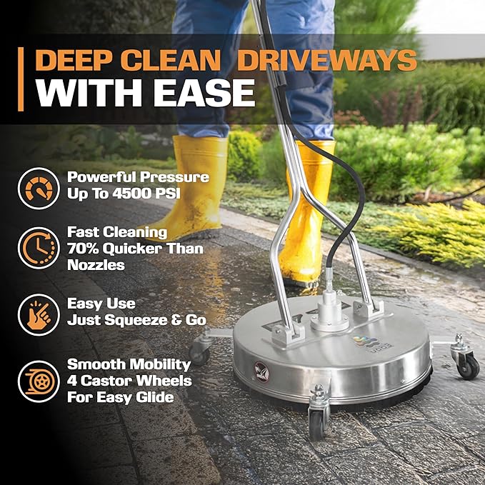 EDOU Direct 20 Inch Pressure Washer Surface Cleaner - Dual Handle Concrete Cleaner, Wheels - Driveway Pressure Washer Attachment, 4,500 PSI Max - Includes Quick Connector Kit - Silver