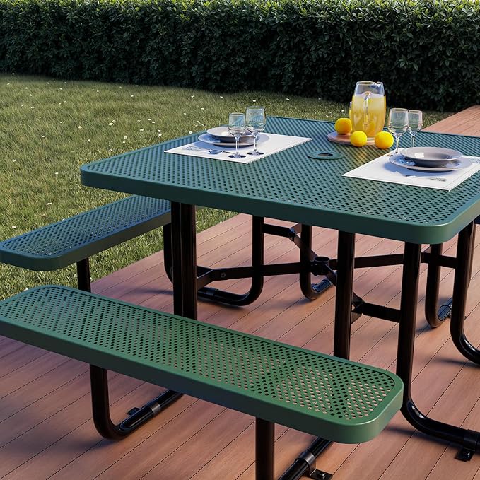 Metal Picnic Tables for Outdoors with Umbrella Hole - Coated Steel Heavy Duty Commercial Grade Table with Adjustable Seats (Green, 46 in, Square, Punched Steel)