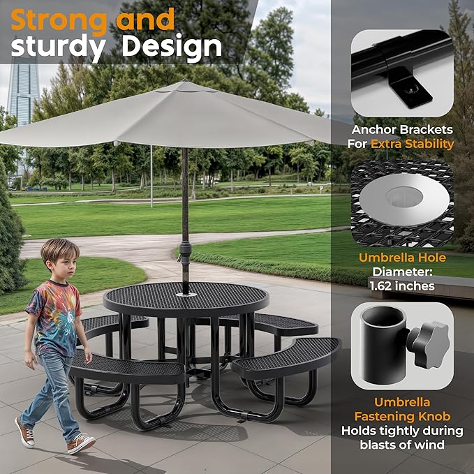Metal Picnic Tables for Kids for Outdoors with Umbrella Hole - Coated Steel Heavy Duty Commercial Grade Table with Adjustable Seats (Black, 38 in, Kids, Expanded Steel)