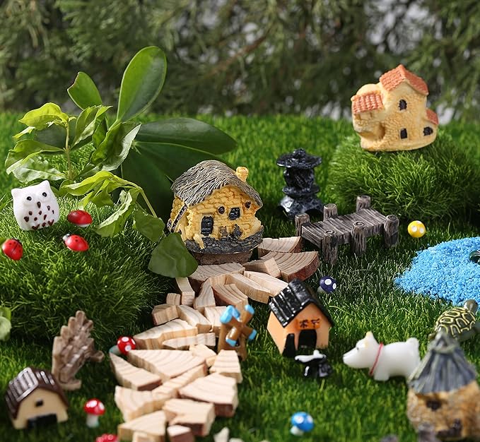 172Pcs Miniature Fairy Garden Accessories Including 100Pcs Fixed Pins, modacraft Fairy Garden Kit Fairy House Animal Figurines Mini Landscape for Garden Dollhouse Potted Plant Bonsai Terrarium Décor