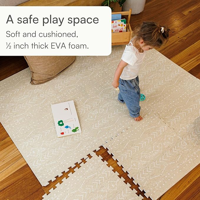 Baby Play Mat for Floor – 6x8ft Beige | Soft Non Toxic Premium EVA Foam Tiles for Tummy Time, Crawling & Playroom – Waterproof Interlocking Floor Mat for Babies & Toddlers by Lillefolk (12 Tiles)