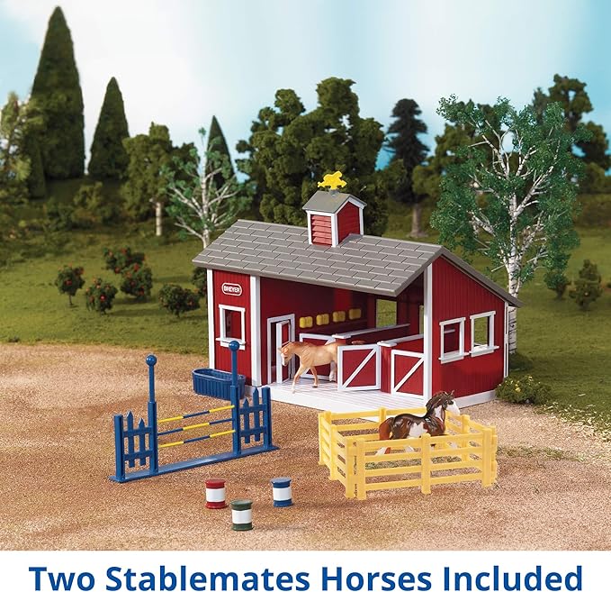 Breyer Stablemates Red Stable Set with 2 Horses – Realistic Horse Toys for Girls Ages 4–8, Barn Playset with Fencing, Barrels & Trough, Creative Gift for Kids, Imaginative Horse Play
