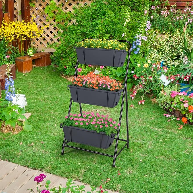 Vertical Garden Planter 3 Tier Raised Garden Bed Herb Garden Planter Outdoor Standing Garden Planter Box with Drainage Holes Removable Tray for Patio Balcony Porch Grey