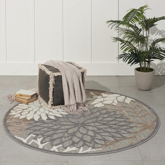 Nourison Aloha Indoor/Outdoor Area Rug 4', Natural, Round Tropical Botanical Easy -Cleaning Non Shedding Bed Room Living Room Dining Room Deck Backyard Patio