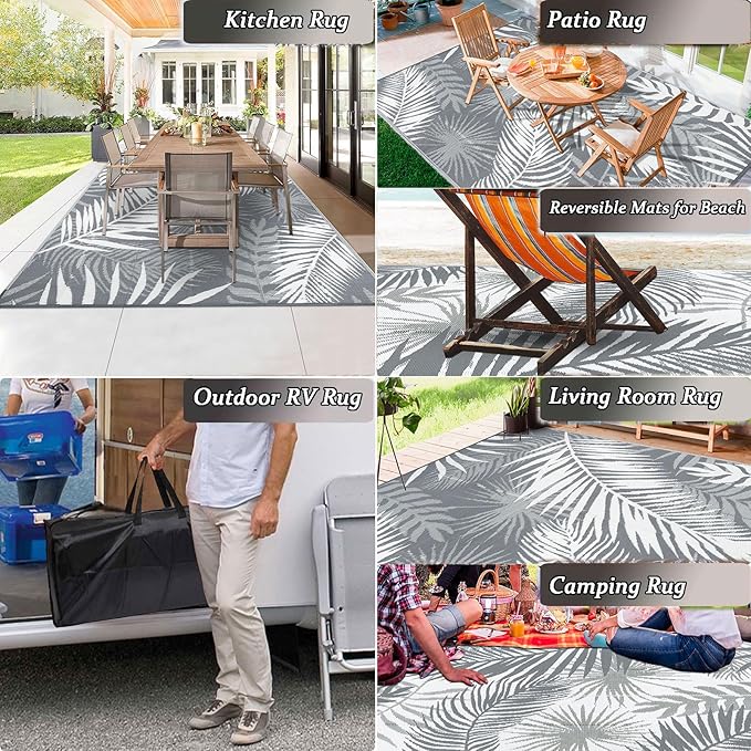 Outdoor Rug 10'x8' Waterproof for Patios Clearance, Reversible Outdoor Plastic Straw Rug Camping Carpet, Outside Floor Mats Large Area Rugs for RV,Patio,Deck,Porch,Beach,Balcony,Grey&White