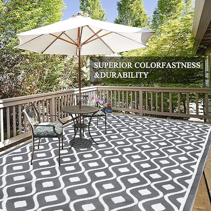 Pauwer Reversible Outdoor Rug, 9'x12', Waterproof, Polypropylene, Moroccan Grey, Area Rug for Patio, RV, Camping, Picnic, Backyard, Deck, Balcony, Porch