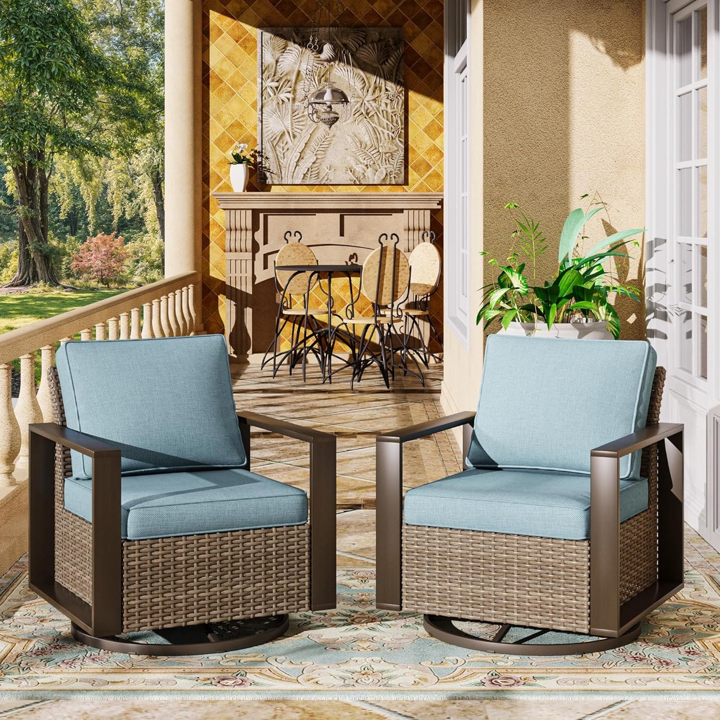 Outdoor Swivel Patio Metal Chairs Set of 2 - Porch Furniture 2 Pieces 360 Degree Glider Rockers Rattan Chairs with Washable Cushion & Metal Steel Rectangular Framed Armrest, Baby Blue
