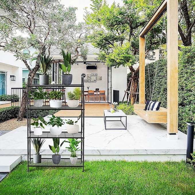 Plant Stand, 4 Tier Plant Shelf for Indoor Outdoor, Heavy Duty Metal Tall Plant Stands Holder Rack for Living Room Balcony and Garden, Black