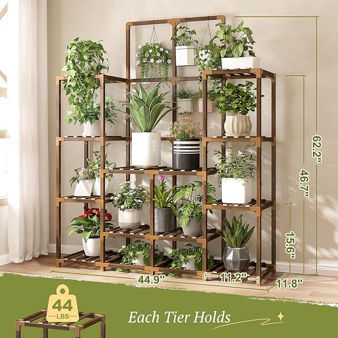 EnHomee Large Plant Stand Indoor Outdoor Wood Tiered Plant Shelf for Multiple Plants 6 Tiers with 12 Potted Plants Holder Tables 44.9" W x 11.8" D x 62.2" H