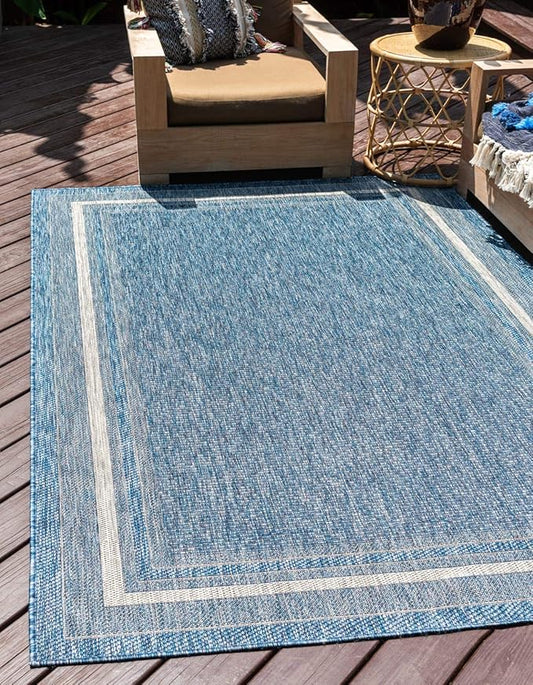 Unique Loom Outdoor Border Collection Area Rug - Soft Border (6' 1" x 9' Rectangle, Blue/ Ivory)