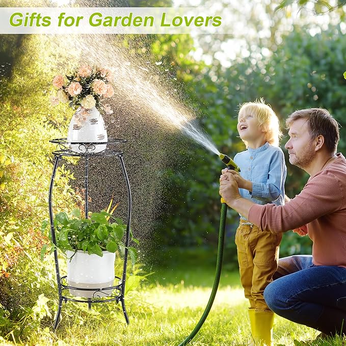 VECELO 2 Tier Metal Outdoor Plant Stand Indoor, Rustproof Stable 19.3” Iron Flower Stand, Decorative Multiple Heavy Duty Plant Holder, Black