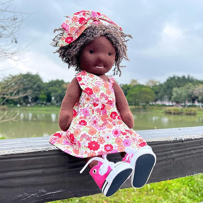 BlissfulPixie Handmade Birthday Present for Girl Black Doll Waldorf Collect Rag Doll with Exquisite Box-Dezi 12"