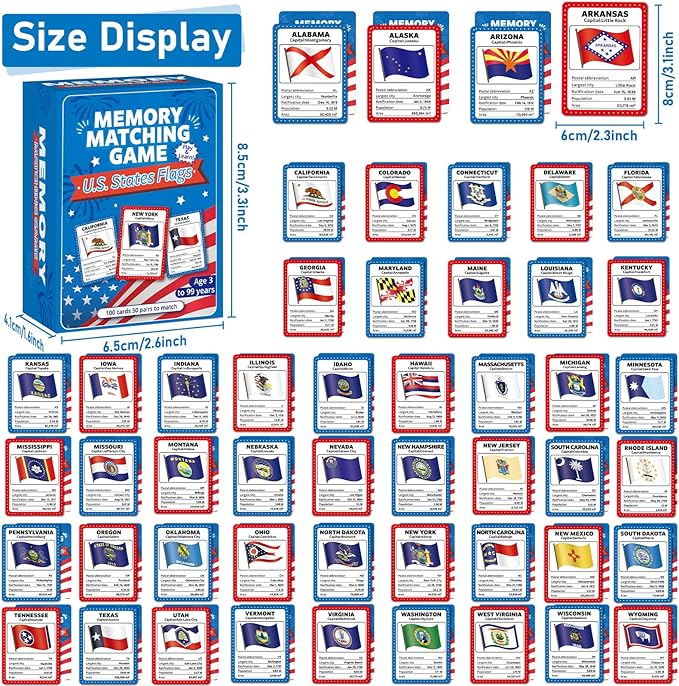gisgfim 50 Pairs Memory Matching Game Flags of U.S. States Concentration Memory Card Educational Cards Games Geography Learn States Capitals Game Gift for Kid Adults Learning Activities Matching Games