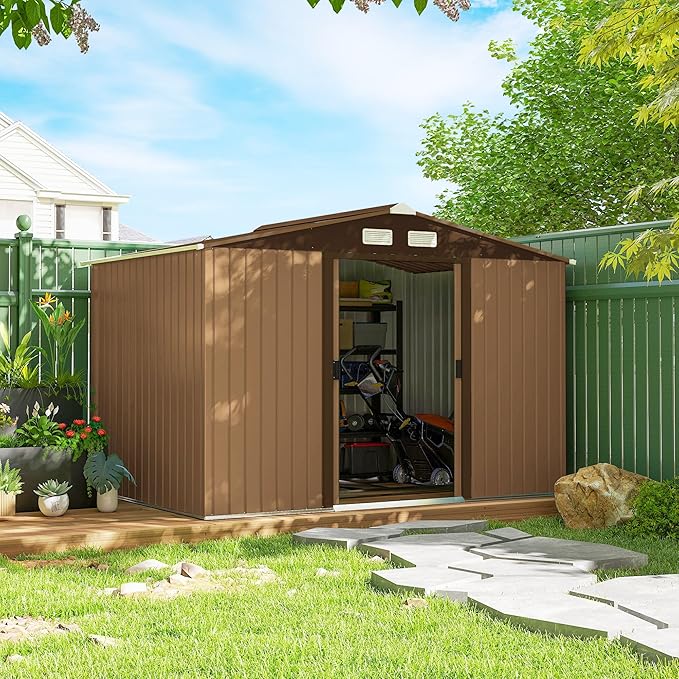 Outsunny 9' x 6' Outdoor Storage Shed, Garden Tool Metal Shed with Foundation Kit, Double Lockable Door, Air Vents and Sloping Roof, for Backyard, Patio, Lawn, Yellow
