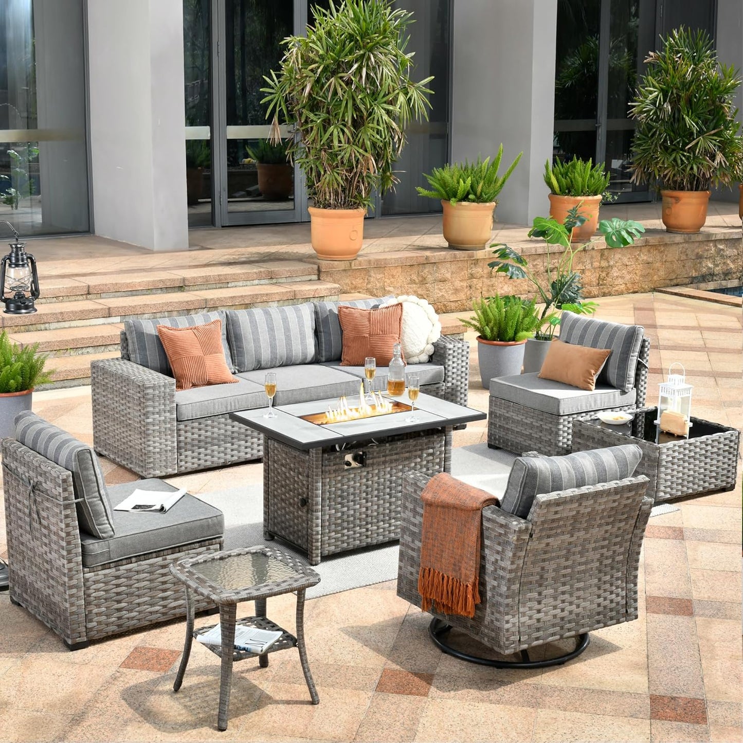 HOOOWOOO 9 Piece Modular Patio Outdoor Sectional Furniture Set with Large Propane Fire Pit Table,Wicker Conversation Sofa Set with Swivel Chairs,Outside Couch Set(Grey Stripes)