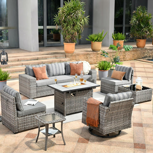 HOOOWOOO 9 Piece Modular Patio Outdoor Sectional Furniture Set with Large Propane Fire Pit Table,Wicker Conversation Sofa Set with Swivel Chairs,Outside Couch Set(Grey Stripes)