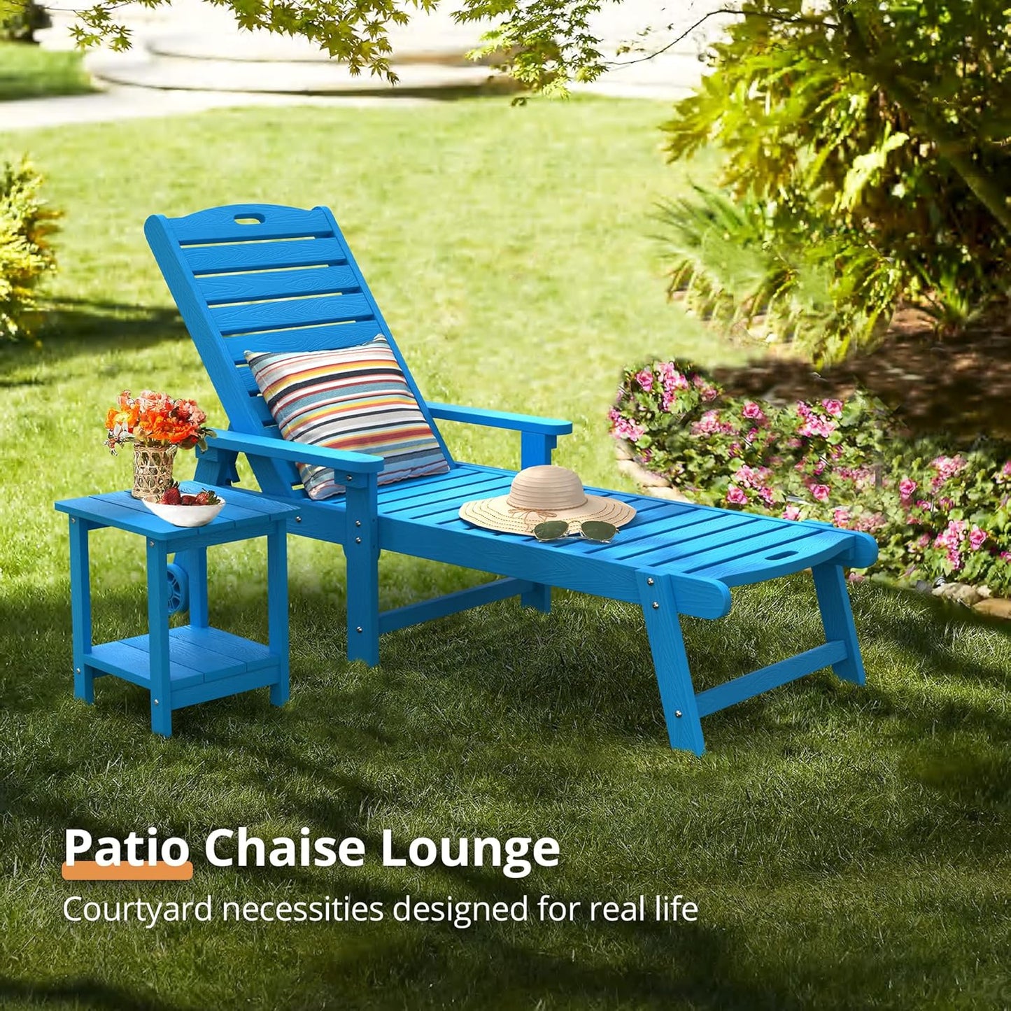 LUE BONA Chaise Lounge Chairs Set with Table, 6-Piece, 79'' Oversized HDPS Chaise Lounger, 5 Positions Adjustable Lounge Chairs, Pool Lounge Chair with Wheels for Poolside, 3 Year Warranty, Blue