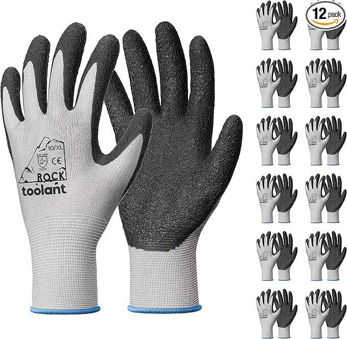 toolant Crinkle Latex Work Gloves Bulk, Rubber Coated Safety Work Gloves for Men and Women, 12 Pairs for Construction, Gardening, Warehouse (Gray, XL)