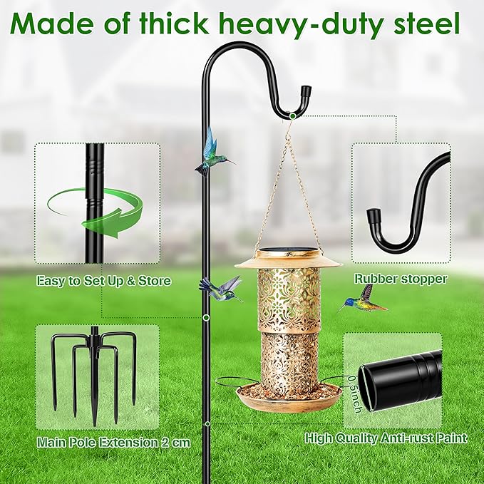 XDW-GIFTS Bird Feeder Pole for Outdoor, 60 Inch Shepherds Hooks Heavy Duty Garden Pole for Hanging Plant Basket, Solar Light Lanterns, Garden Plant Hanger Stands with 5 Base Prongs