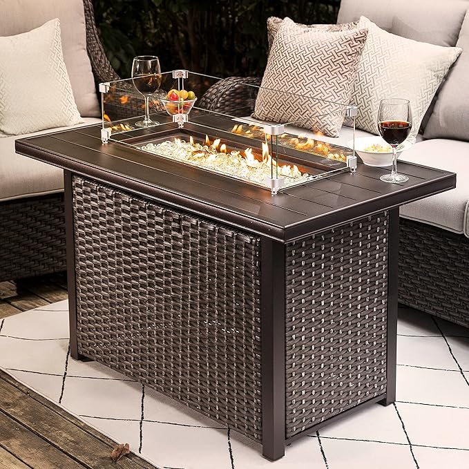 Nuu Garden Outdoor 43 Inch 50,000 BTU Propane Fire Pit Table, CSA Certified Patio Propane Fire Pit with Wind Guard, Lid, Oxford Cover, 7 lbs Glass Stone, Dark Brown