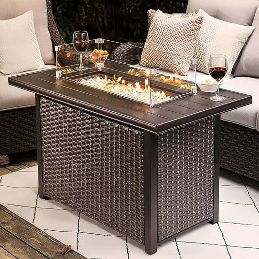 Nuu Garden Outdoor 43 Inch 50,000 BTU Propane Fire Pit Table, CSA Certified Patio Propane Fire Pit with Wind Guard, Lid, Oxford Cover, 7 lbs Glass Stone, Dark Brown
