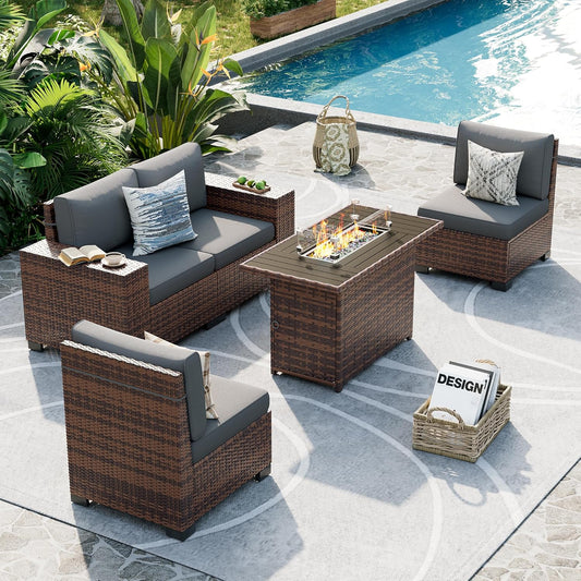 UDPATIO Patio Furniture Set with Fire Pit Table, 8 Inch Armrest Outdoor Sectional Sofa, Wicker Outdoor Furniture Conversation Sets with Waterproof Cover for Backyard Deck(Brown/Dark Grey)