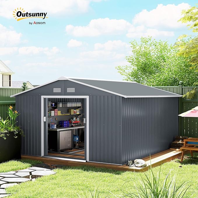 Outsunny 11' x 13' Outdoor Storage Shed, Garden Tool Metal Shed with Foundation Kit, Double Lockable Door, Air Vents and Sloping Roof, for Backyard, Patio, Lawn, Dark Gray
