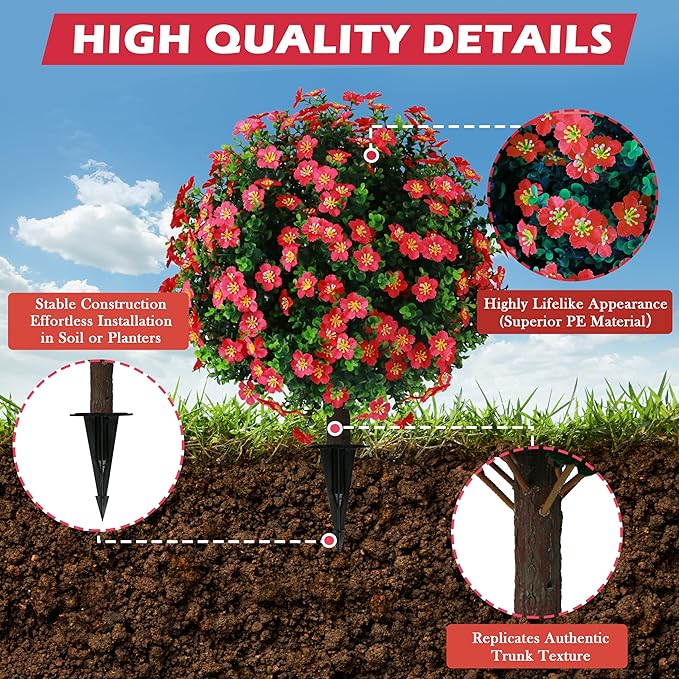 Sunnyglade Set of 2 Artificial Boxwood Topiary Ball Trees with Red Flower, Faux Shrub Bushes with Ground Spike 25.5", UV Resistant Fake Boxwood Plants for Indoor, Garden, Porch, Patio Decor (Red)