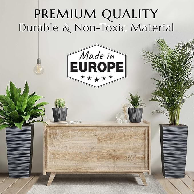 Mueller M-Resin Heavy Duty Tall Planter, Indoor/Outdoor Grande Plant, Tree, Flower Pot, 2-Piece Set, 27.5”, Modern Design, Built-in Drainage, Dark Grey