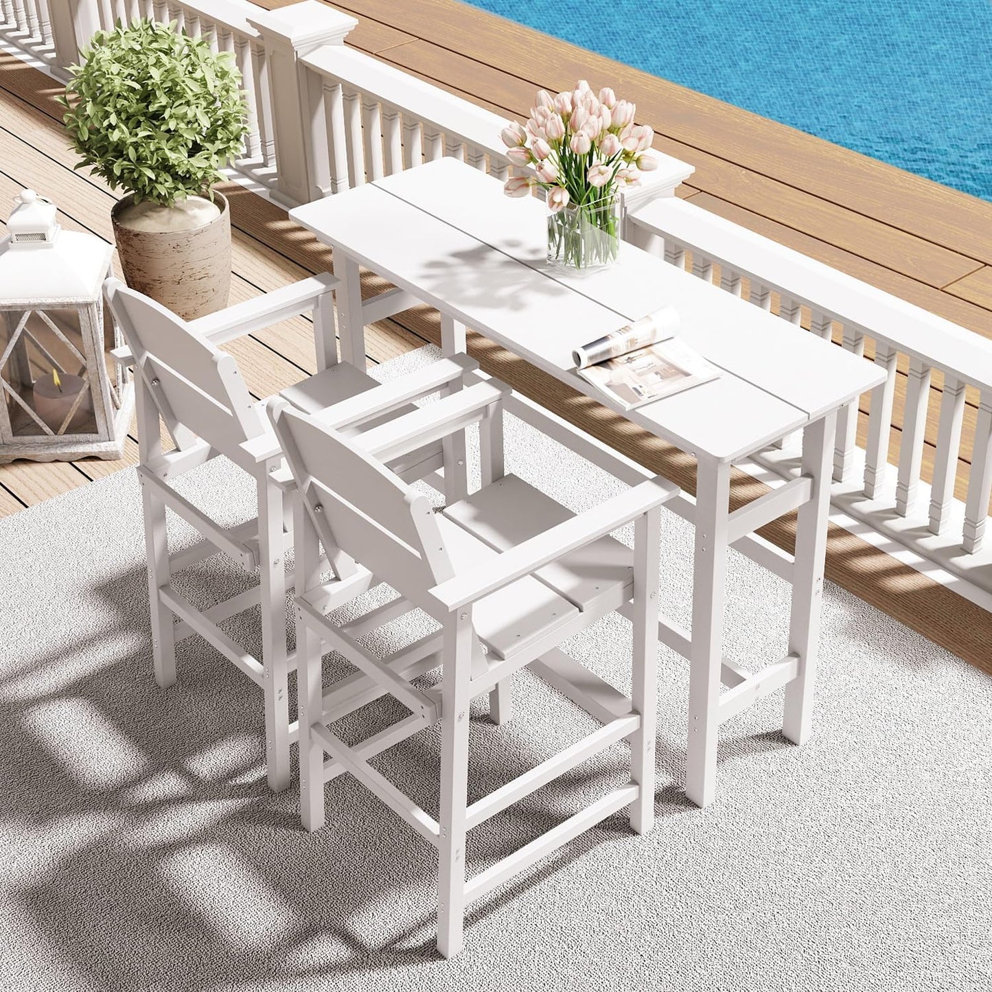 Bar Height Patio Table and Chairs Set, 3-Piece HDPE Outdoor Adirondack Bar Chairs and Patio Table, All-Weather Patio Furniture for Poolside, Backyard, Garden, High Top Patio Bar Set, White