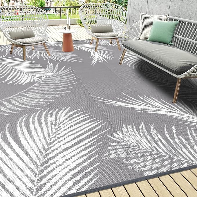 Pauwer Waterproof Outdoor Rug 9x12, Reversible Plastic Straw Patio Camping Rug, Indoor Outdoor RV Mat Carpet for Deck, Camper, Porch, Balcony, Backyard, Picnic, Leaf Grey