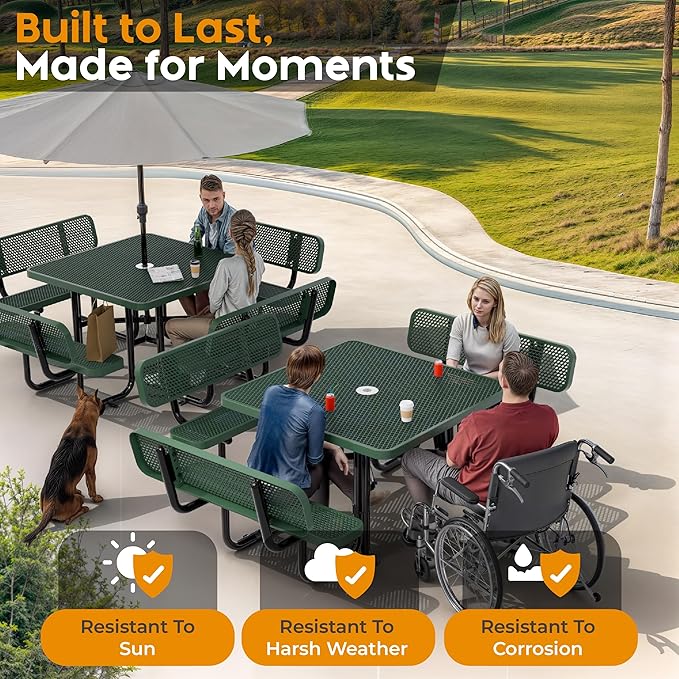 Metal Picnic Tables for Outdoors with Umbrella Hole - Coated Steel Heavy Duty Commercial Grade Table with Adjustable Seats (Green, 46 in, Square with Back, Expanded Steel)