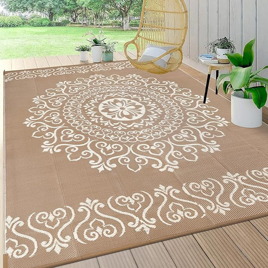 Pauwer Waterproof Outdoor Rug 9x12, Reversible Plastic Straw Patio Camping Rug, Indoor Outdoor RV Mat Carpet for Deck, Camper, Porch, Balcony, Backyard, Picnic, Floral Brown