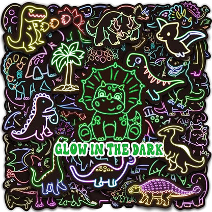 51 Pcs Neon Dinosaur Stickers for Kids Glow in The Dark, Dinos Sticker for Water Bottle, Vinyl Waterproof Laptop Decals for Teens Girls Boys, Students Adults Sticker Pack