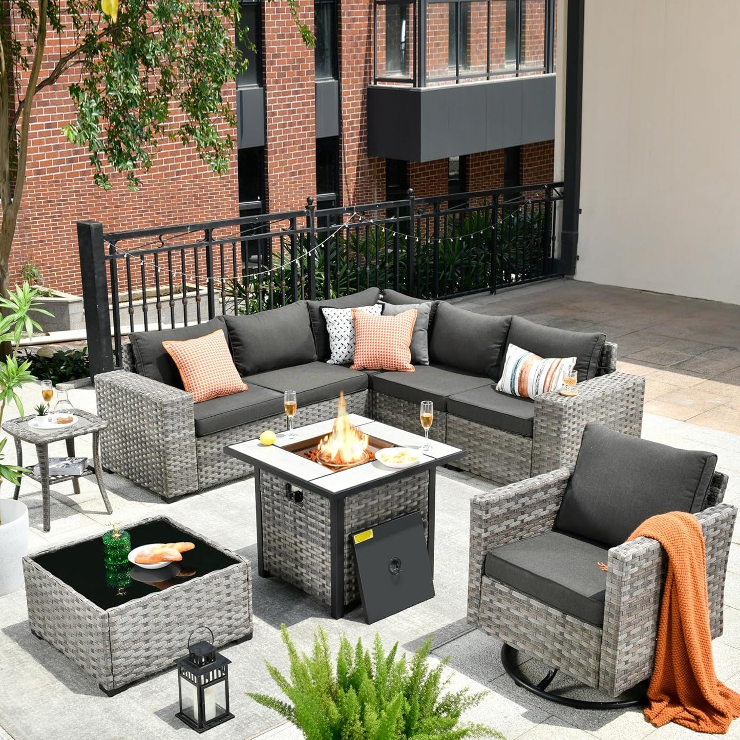 HOOOWOOO 9 Piece Modular Patio Outdoor Sectional Furniture Set with Gas Propane Fire Pit Table,Wicker Conversation Sofa Set with Swivel Chairs,Outside Couch Set(Black)