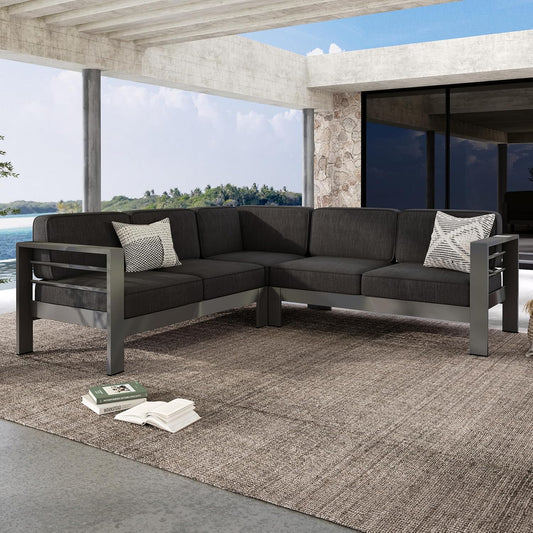 Outdoor Aluminum Furniture Set, 4-Person Patio Sectional Conversation Sofa Set, L-Shaped Outdoor Sectional Sofa with Cushions for Patios, Poolsides, Gardens (Black,Dark Gray)