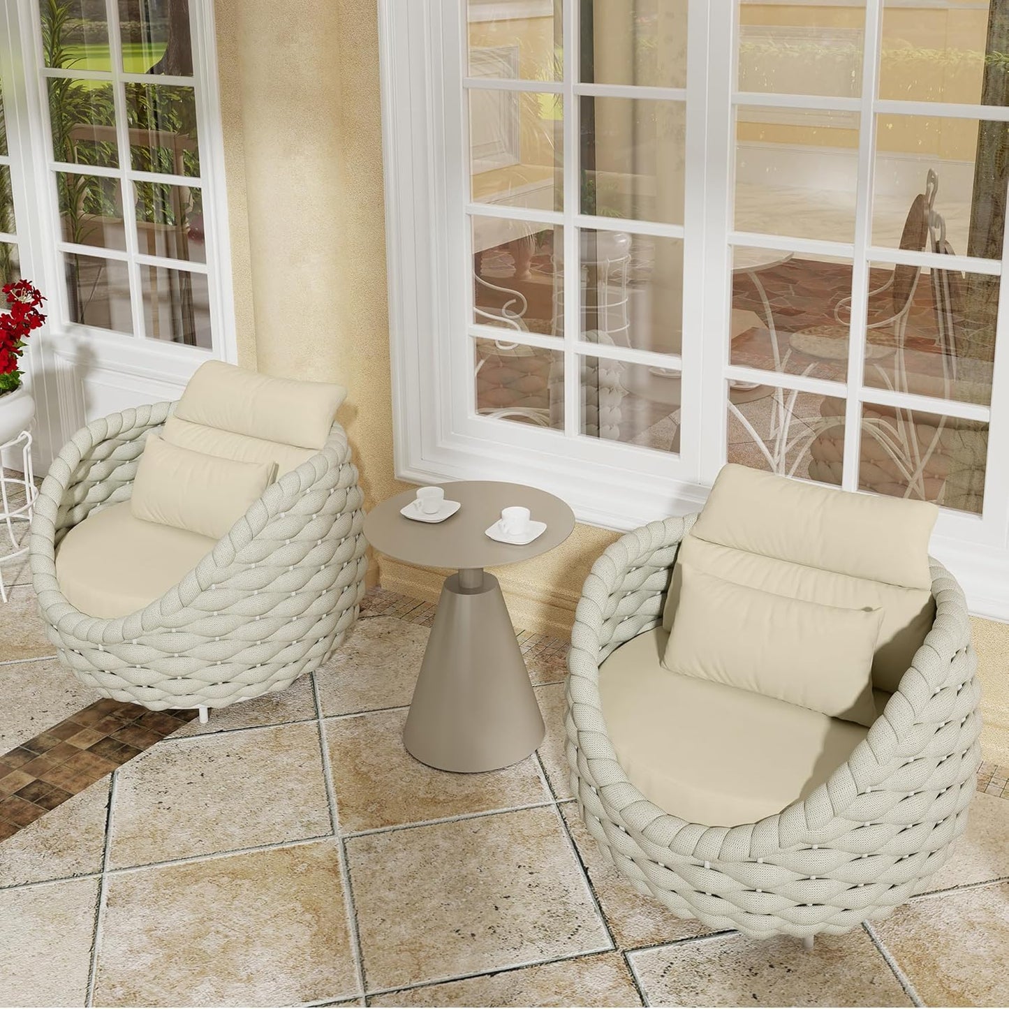 TWT Patio Sofa Set of 2, All-Weather Olefin Rope Balcony Furniture with Cushions & Pillows, Patio Couch Outdoor Patio Furniture Set for Indoor, Balcony, Backyard, Deck, Poolside, Cream