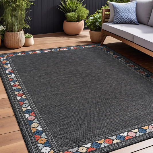 Beverly Rug Outdoor Rug 8x10 Modern Bordered Area Rugs for Indoor and Outdoor Patio Easy to Clean Non Shedding Living Room Porch Garden Washable Outside Carpet (8 x 10 Dark Gray)