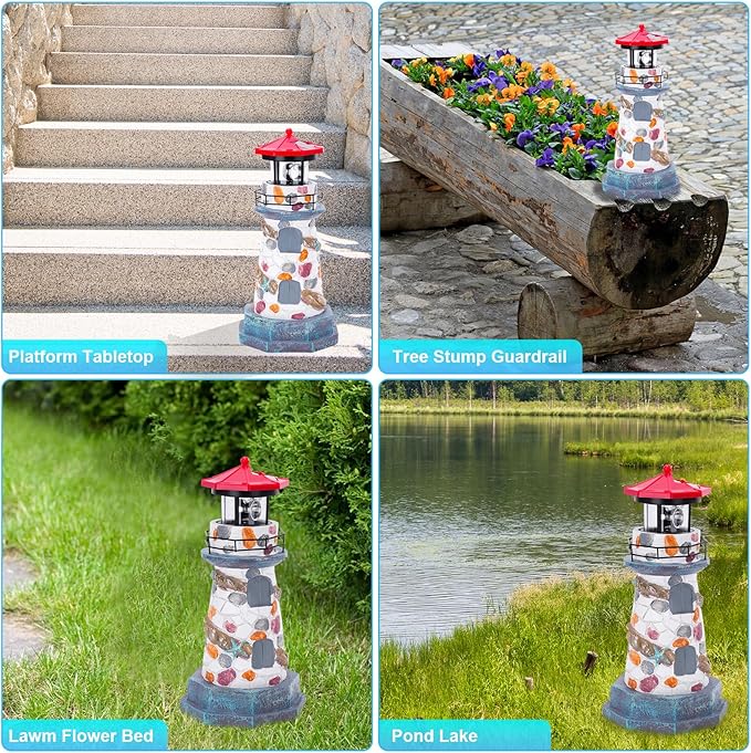 Solar Lighthouse with Rotating Beacon,11.4" Outdoor Garden Lighthouse Decor,Waterproof Statue Lighthouse Lamp for Yard Lawn Patio Gifts