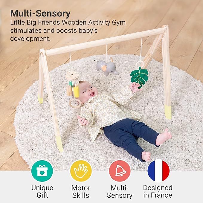 Little Big Friends Wooden Baby Activity Gym – Montessori Play Gym for Babies | Encourages Motor Skills & Sensory Development | Includes Crinkle Fabrics, Wooden Chimes & Hanging Toys – Jungle