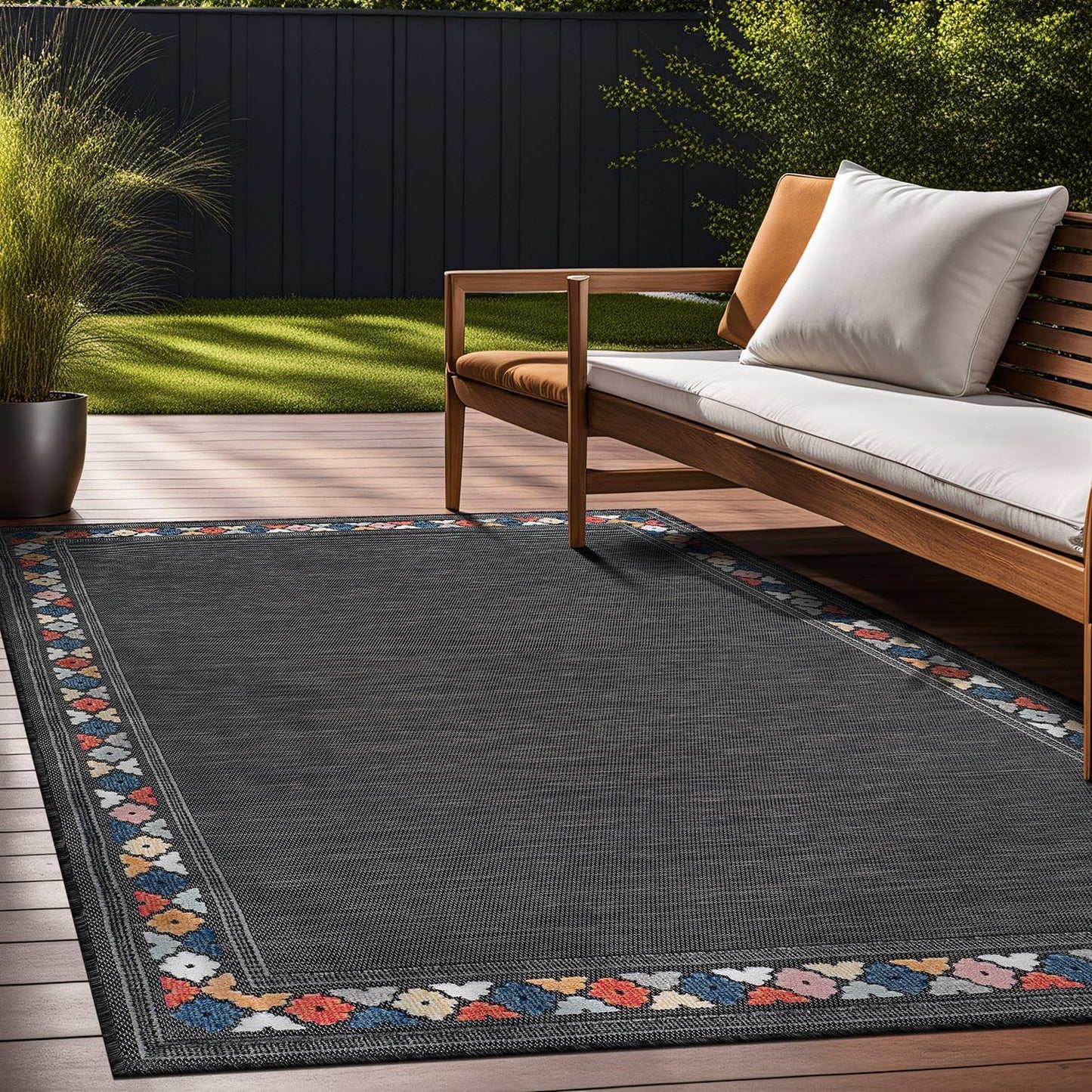Beverly Rug Outdoor Rug 9x12 Modern Bordered Large Area Rugs for Indoor and Outdoor Patio Easy to Clean Non Shedding Living Room Porch Garden Washable Outside Carpet (9 x 12 Dark Gray)