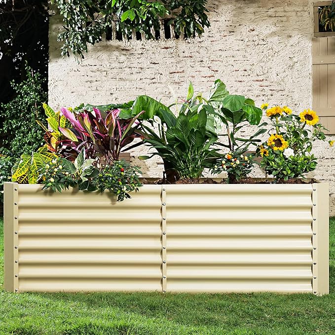 Land Guard 6x3x2ft Galvanized Raised Garden Bed, Planter Boxes Outdoor, Raised Garden Beds Outdoor for Vegetables, Flowers, Herbs, 269 Gallons, Cream Yellow…