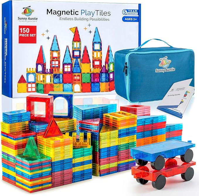 Magnetic Tiles 150 PCS+ Bonus Zippered CASE, Magnetic Tiles for Kids Toy for 3 4 5 6 7 8 Year Old Boys & Girls, Great Gift for Kids Aged 3-8, XL Set