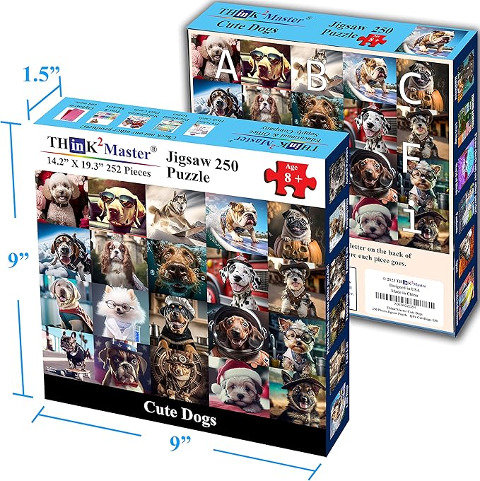 Think2Master Cute Dogs 250 Pieces Jigsaw Puzzle Featuring heartwarming Puppies and Dogs. Fun Toy for Kids, School & Families. Great Gift for Boys & Girls Ages 8+. Size: 14.2” X 19.3”