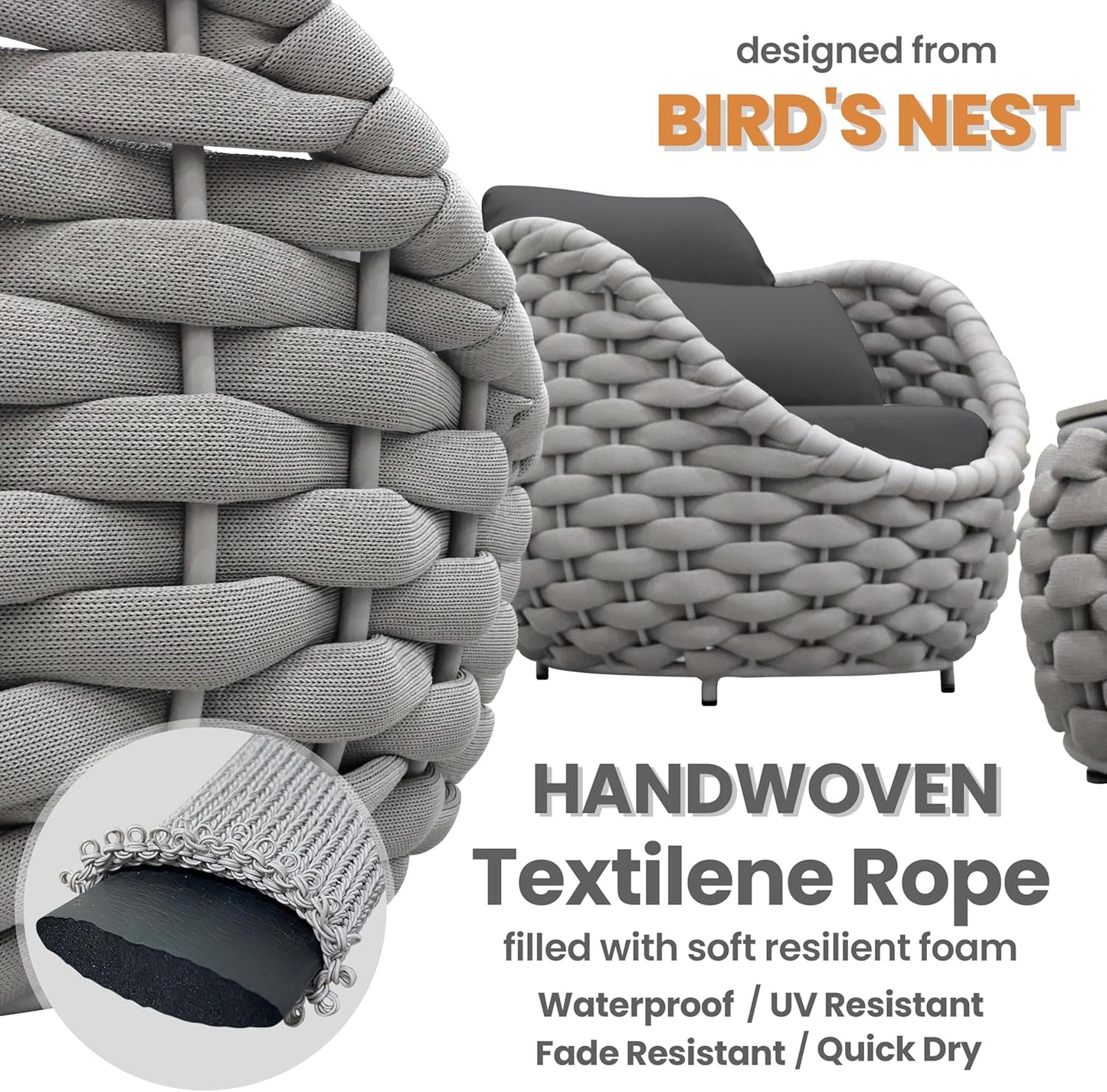 3 Pieces Aluminum Patio Furniture Sofa Sets: Hand Woven Rope Outdoor Conversation Set of 2 - Assembled Modern Cushions Couch Armchair Table Set - All Weather for Indoor Deck Porch Pool Hotel