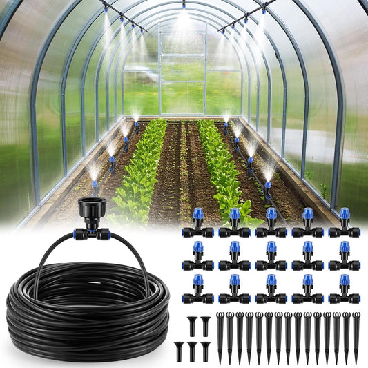 Meonum 65FT Garden Watering System, Quick Connector Drip Irrigation Kit, Hanging Plant Misting System Kit for Greenhouse, Yard, Lawn, Raised Bed with 1/4 inch Blank Tubing and Accessories(1 Pack)