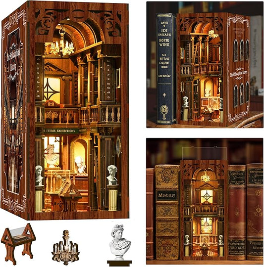 ISSEVE Book Nook Kit, DIY 3D Wooden Puzzle Dollhouse Booknook for Adults, Tiny Miniature House Kit Bookshelf Decor, Halloween for Crafts Book Lovers (Library of Philosophical)