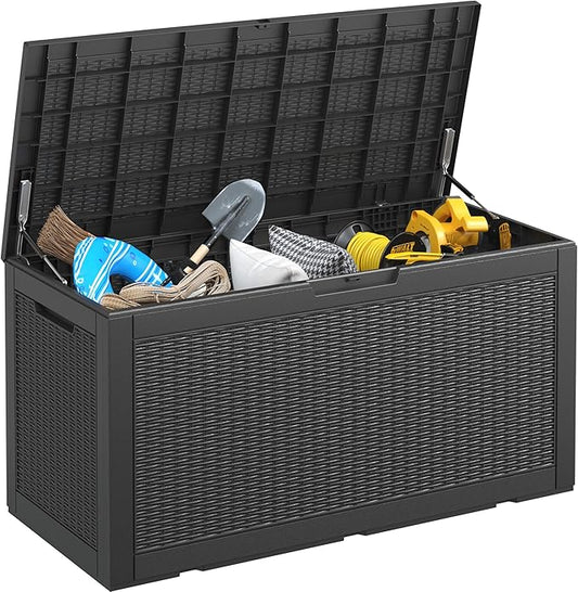 NUNU LAB 102 Gallon Large Waterproof Resin Deck Box, Lockable Outdoor Storage Box with Gas Lift, Patio Cushions, Garden Tools, Pool Supplies, Indoor Outdoor Storage Container, Black