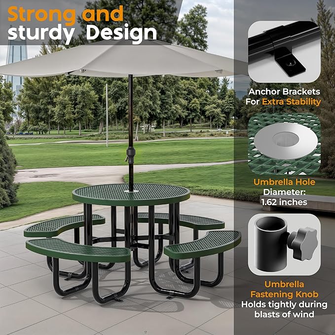Metal Picnic Tables for Outdoors with Umbrella Hole - Coated Steel Heavy Duty Commercial Grade Table with Adjustable Seats (Green, 38 in, Round, Expanded Steel)